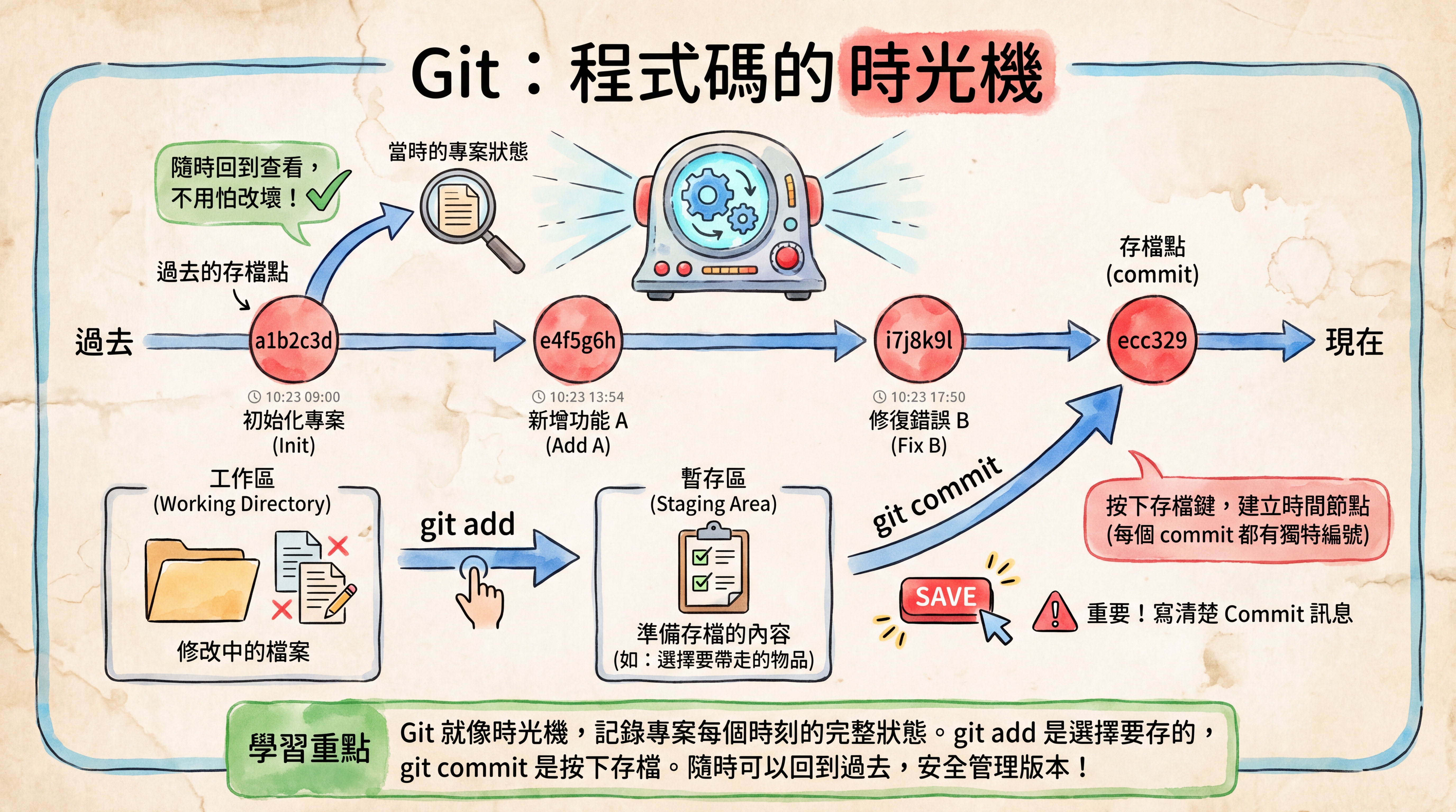 Git 版本控制如同時光機：每次 commit 都是一個存檔點，可以隨時回到任何時間點