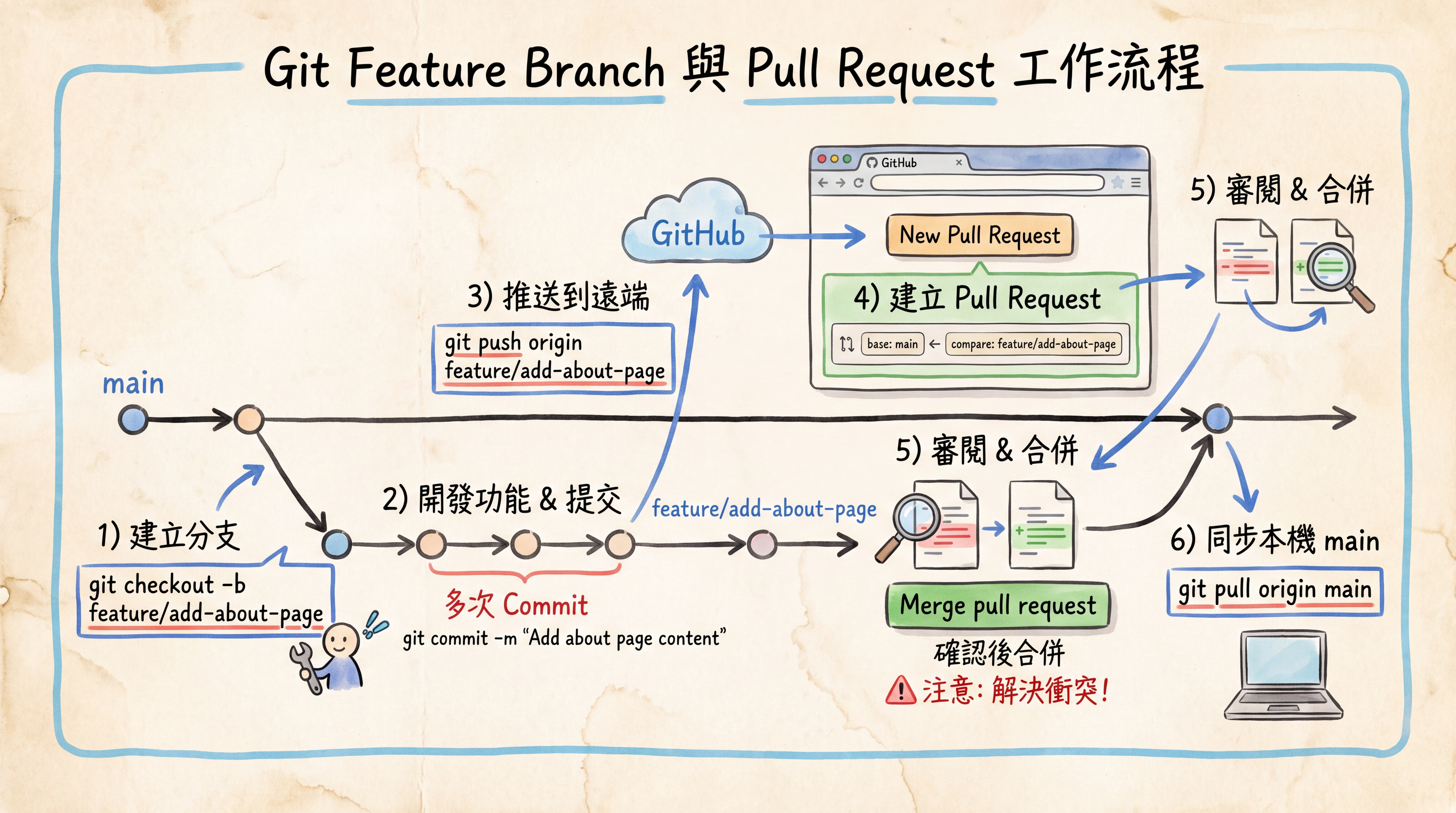 Feature Branch 與 Pull Request 工作流程圖